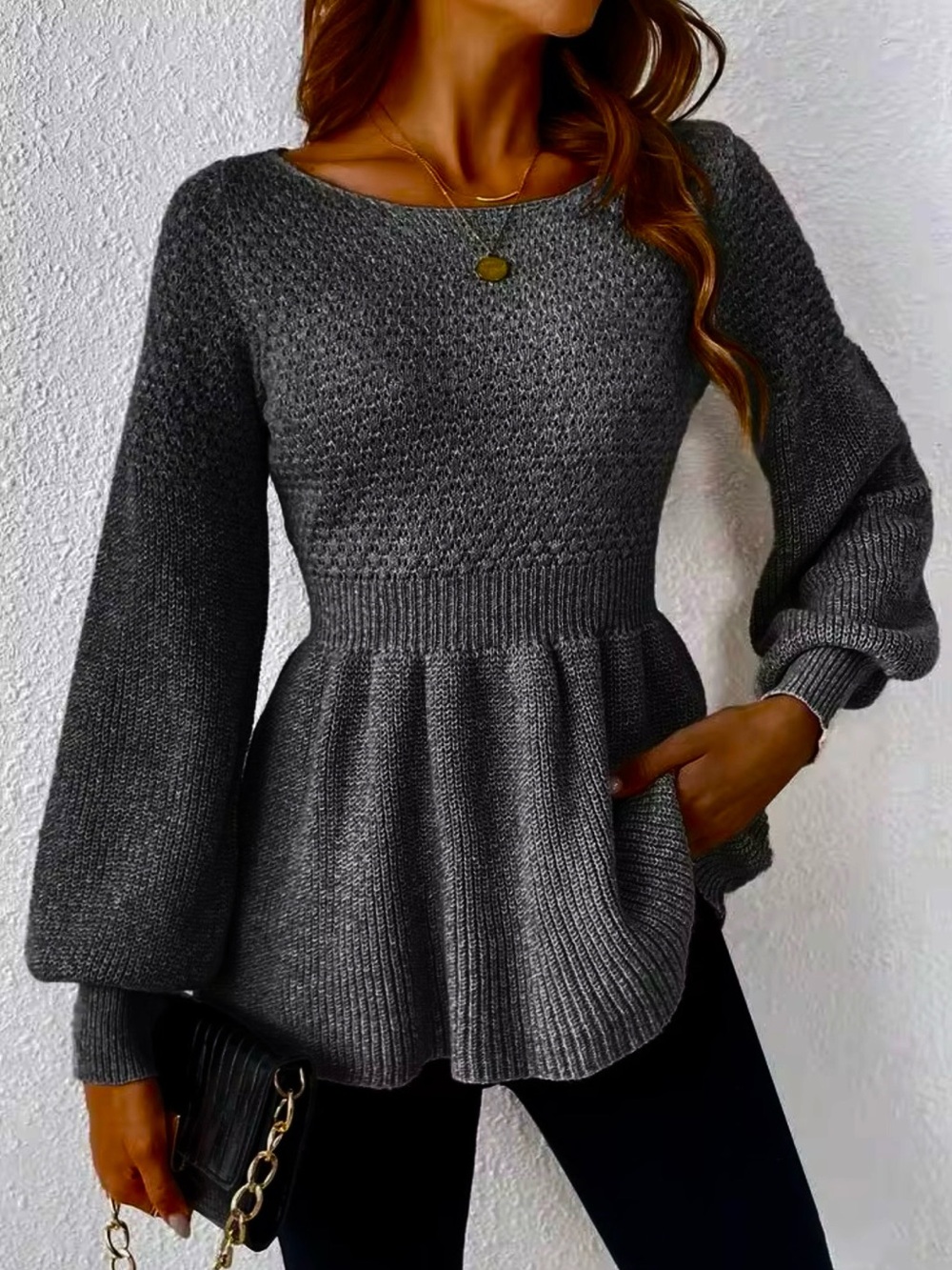NWT SHEIN Frenchy Charcoal Gray Peplum Knit Babydoll Sweater